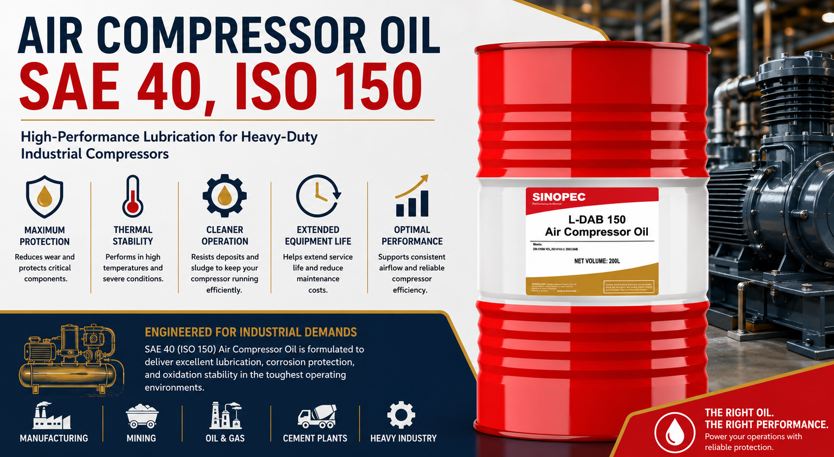 Air Compressor Oil SAE 40 (ISO VG 150): Why High-Viscosity Compressor Oil Is Used in Heavy-Duty Industrial Air Compressors