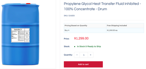 Propylene Glycol Heat Transfer Fluid - 55Gal Price: $1,299, Free Delivery