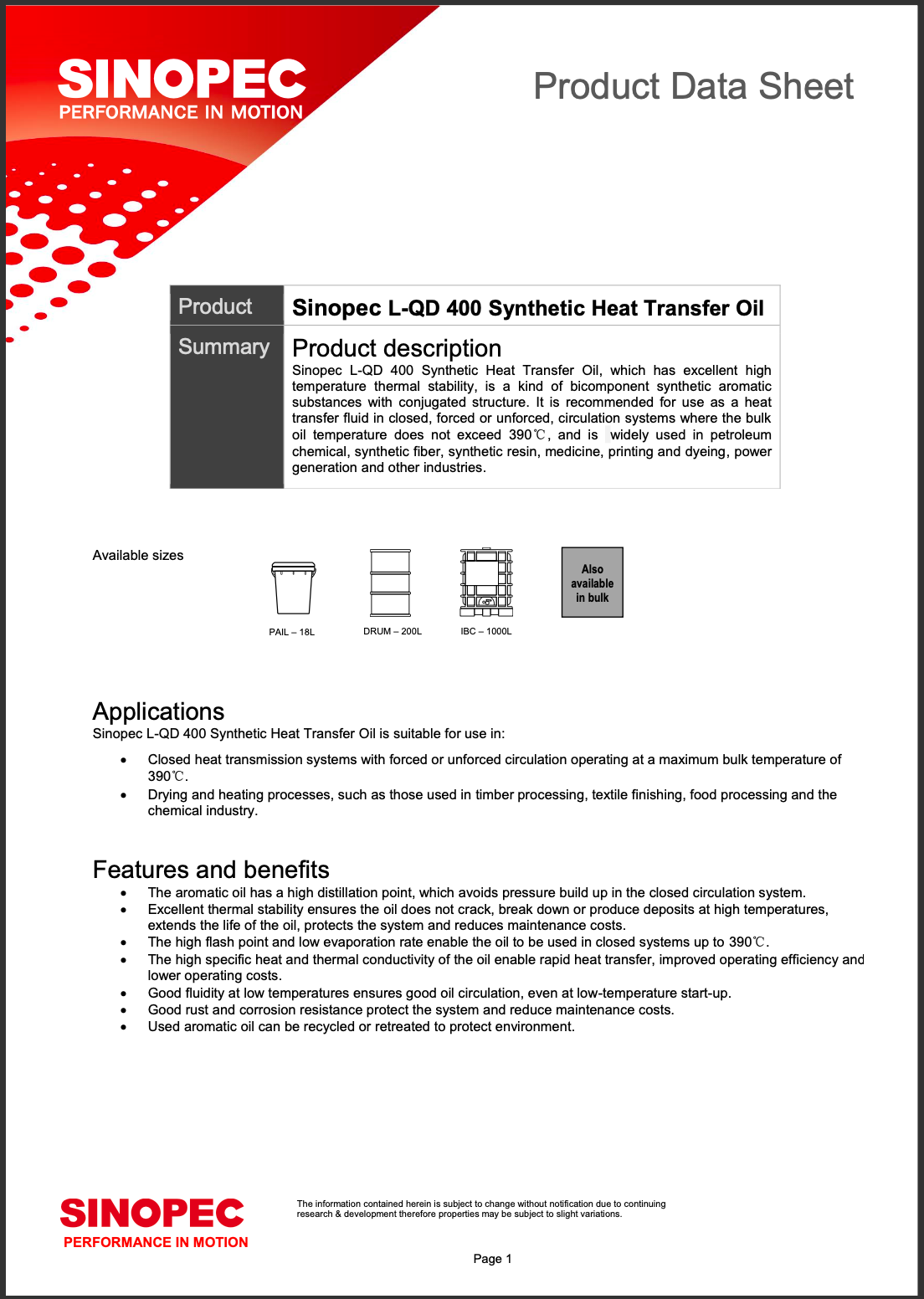 SP\L-QD 400 Synthetic Heat Transfer Oil - 200KG Drum